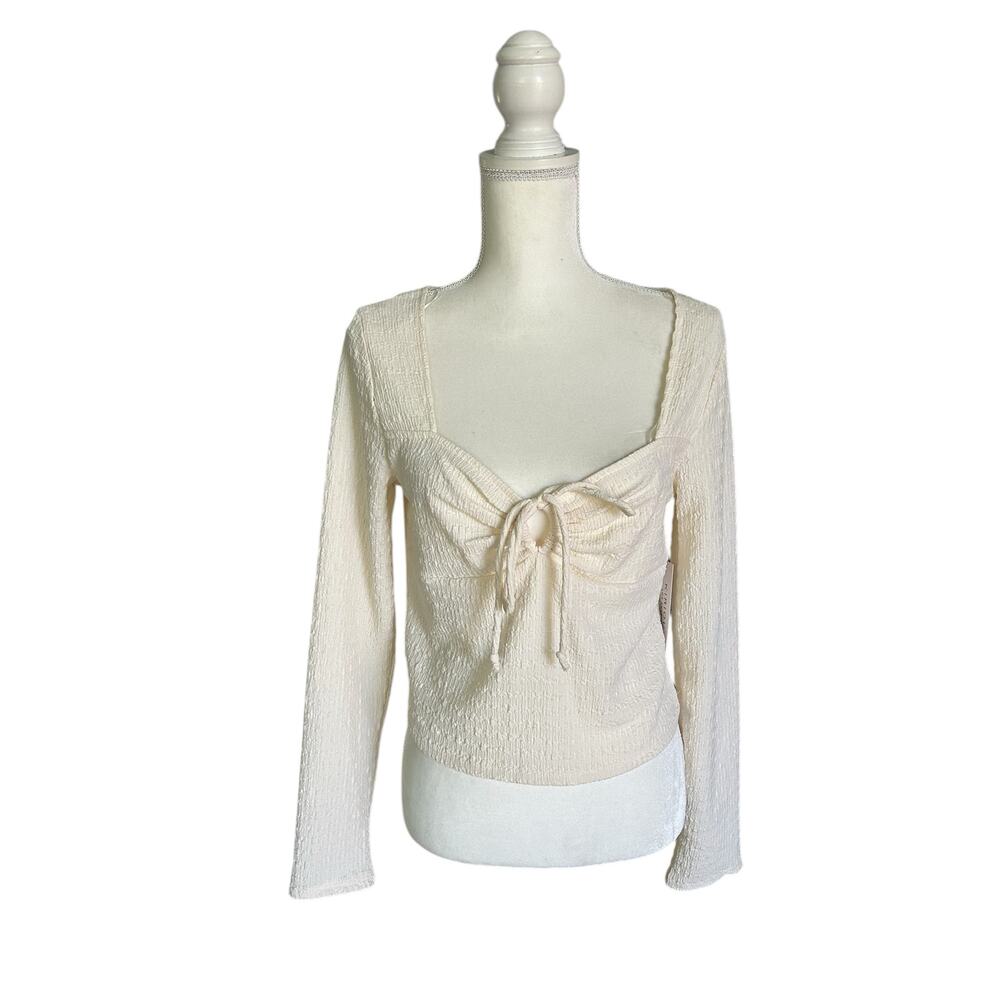 Kirious Los Angeles Cream Cropped Crinkle Long Sleeve Babydoll Peasant Top Large - Picture 4 of 12
